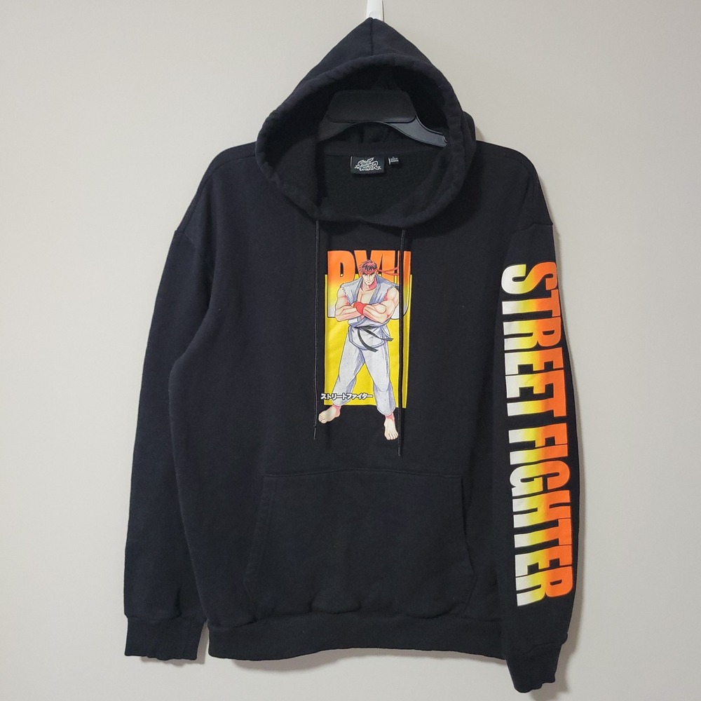 Street Fighter Hoodie Mens L Black Ryu Graphic Print Long Sleeve Gaming Casual